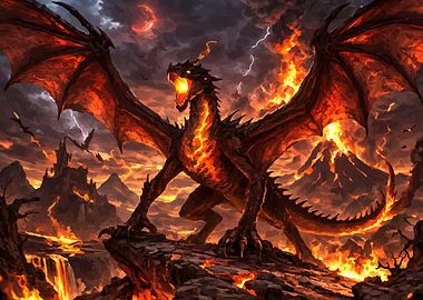 Fiery Dragon Over Volcanic Landscape