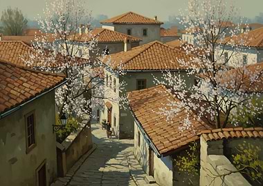 Springtime Village Street with Blooming Trees