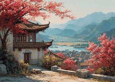 Traditional Asian Village with Cherry Blossoms