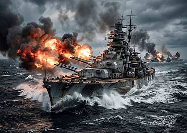 Battleship Firing Guns in Stormy Seas