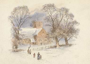 Winter scene with church and figures