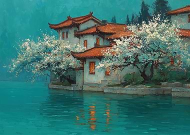 Tranquil Waterside Pagoda with Cherry Blossoms