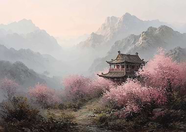 Misty Mountains with Pagoda and Cherry Blossoms