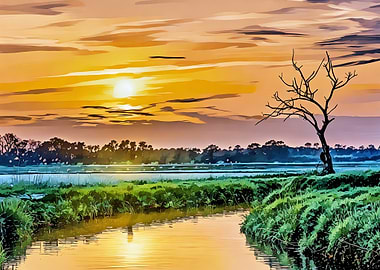 Sunset over a tranquil river landscape