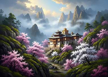 Serene Mountain Monastery with Cherry Blossoms