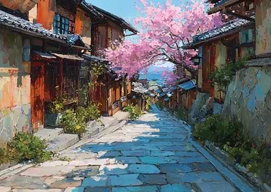 Japanese Street with Cherry Blossoms