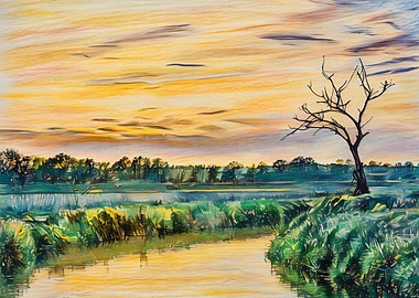 Sunset over a tranquil river landscape