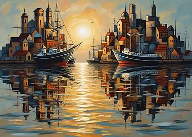 Sailboats in a European Harbor at Sunset