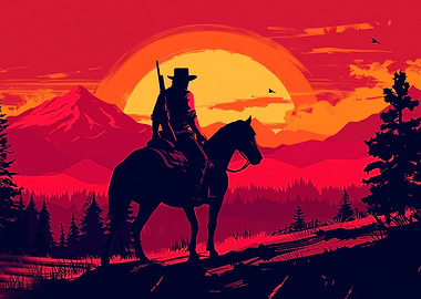 Cowboy on Horse at Sunset