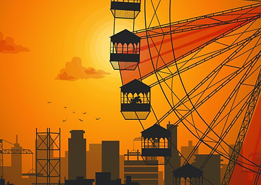 Ferris Wheel Over City at Sunset