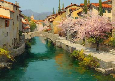 Idyllic European Canal Village in Bloom