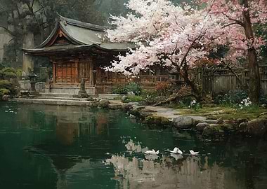Serene Japanese Garden with Cherry Blossoms
