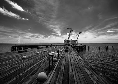 Black and White Pier with Cranes in Fray Bentos