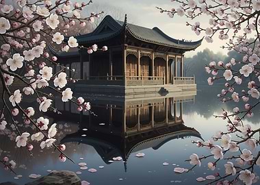 Tranquil Japanese Garden with Cherry Blossoms