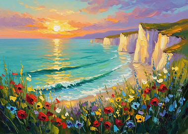 Seascape with Cliffs and Wildflowers