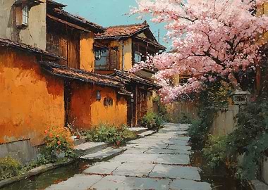 Japanese Street with Cherry Blossoms