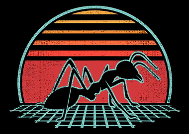 Retro Synthwave Ant Poster, Vaporwave Sunset Wall Art, Retro Digital Grid Print