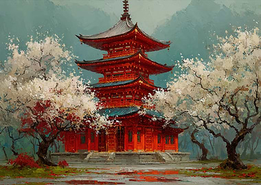 Pagoda Surrounded by Cherry Blossoms