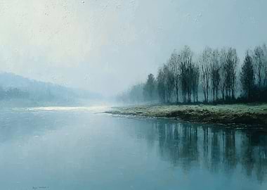 Misty River Landscape with Trees