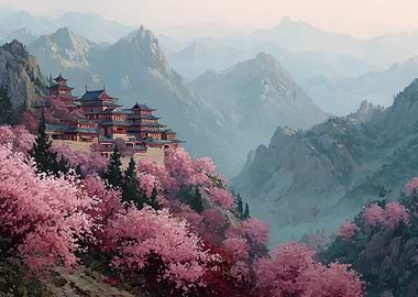 Mountain Temple with Cherry Blossoms
