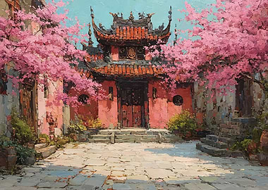 Courtyard with Cherry Blossoms and Temple