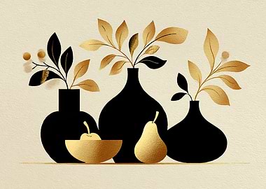 Golden Leaves in Black Vases