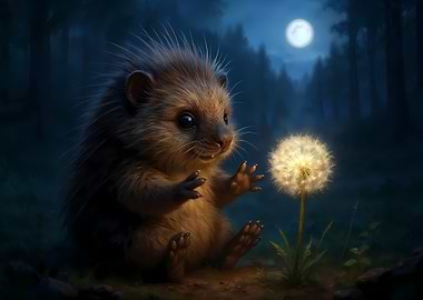 Hedgehog and Dandelion at Night
