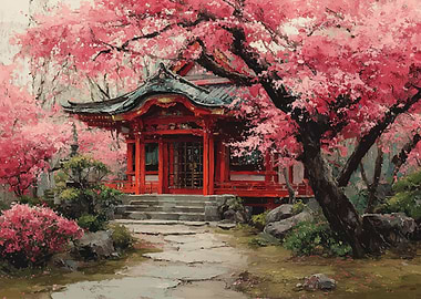 Japanese Temple Amidst Cherry Blossoms