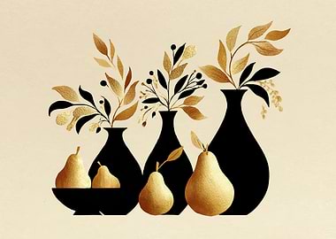 Golden Pears and Vases with Foliage