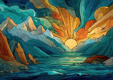 Stained Glass Mountain Sunrise Over Water