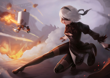 2B and Pod 042 in battle