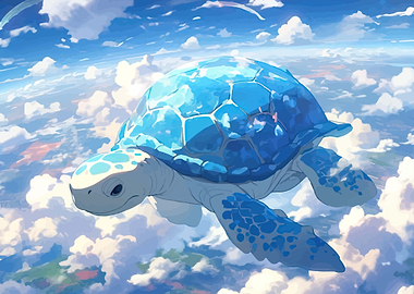 Giant Blue Turtle Flying in the Sky