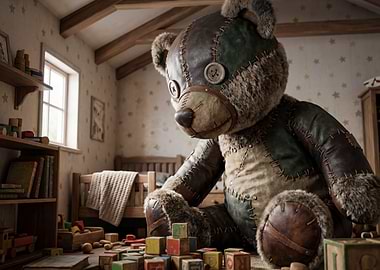 Patchwork Teddy Bear in a Toy Room