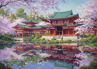 Japanese Temple in Cherry Blossom Season