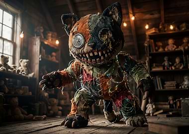 Creepy Stitched Cat Doll with Lights