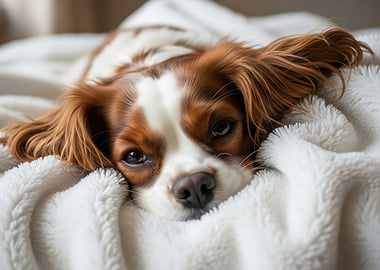 Cavalier King Charles Spaniel resting on a blanket