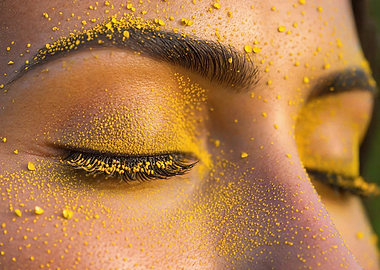 Close-up of a woman's eye with yellow powder