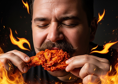 Man eating spicy chicken wing