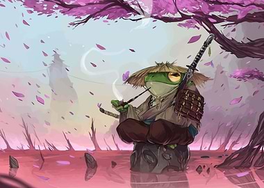 Samurai Frog Smoking Pipe Under Cherry Blossoms