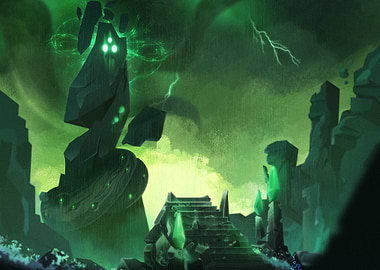 Mystical Stone Guardian in a Stormy Landscape