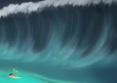 Giant Wave Crashing on Tropical Island