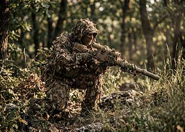 Camouflaged Sniper in Forest