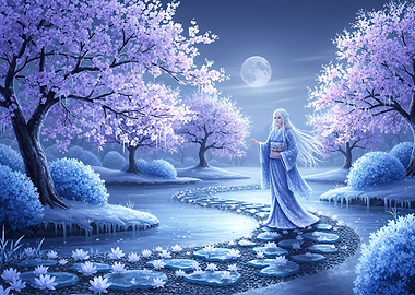 Ethereal Woman in Moonlit Cherry Blossom Garden