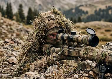 Sniper in Ghillie Suit in Mountains
