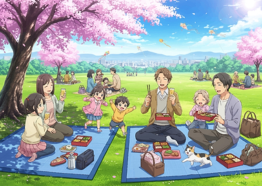 Family Picnic Under Cherry Blossoms