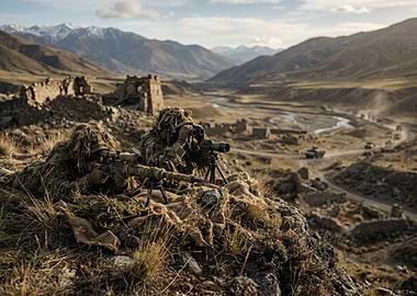 Snipers in camouflage overlooking a valley