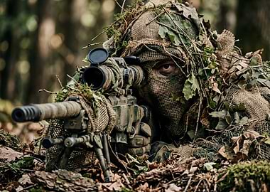 Sniper in Camouflage Aiming Rifle
