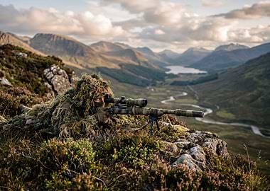 Sniper in Ghillie Suit in Scottish Highlands