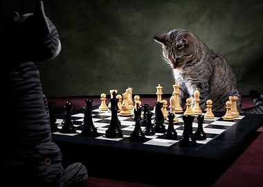 Cat playing chess against a stuffed toy