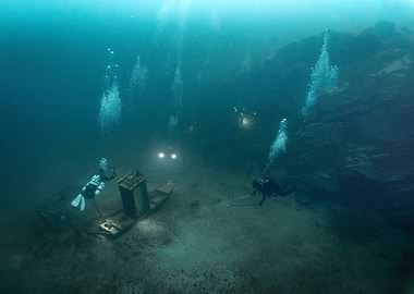 Divers explore underwater shipwreck - Attersee